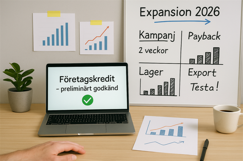 Skrivbord med laptop som visar ”Företagskredit – preliminärt godkänd”, whiteboard med Expansion 2026 och rutor för Kampanj, Lager, Payback och Export samt enkla stapeldiagram.