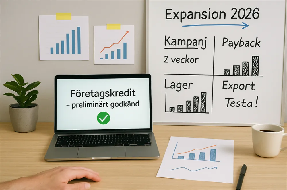 Skrivbord med laptop som visar ”Företagskredit – preliminärt godkänd”, whiteboard med Expansion 2026 och rutor för Kampanj, Lager, Payback och Export samt enkla stapeldiagram.