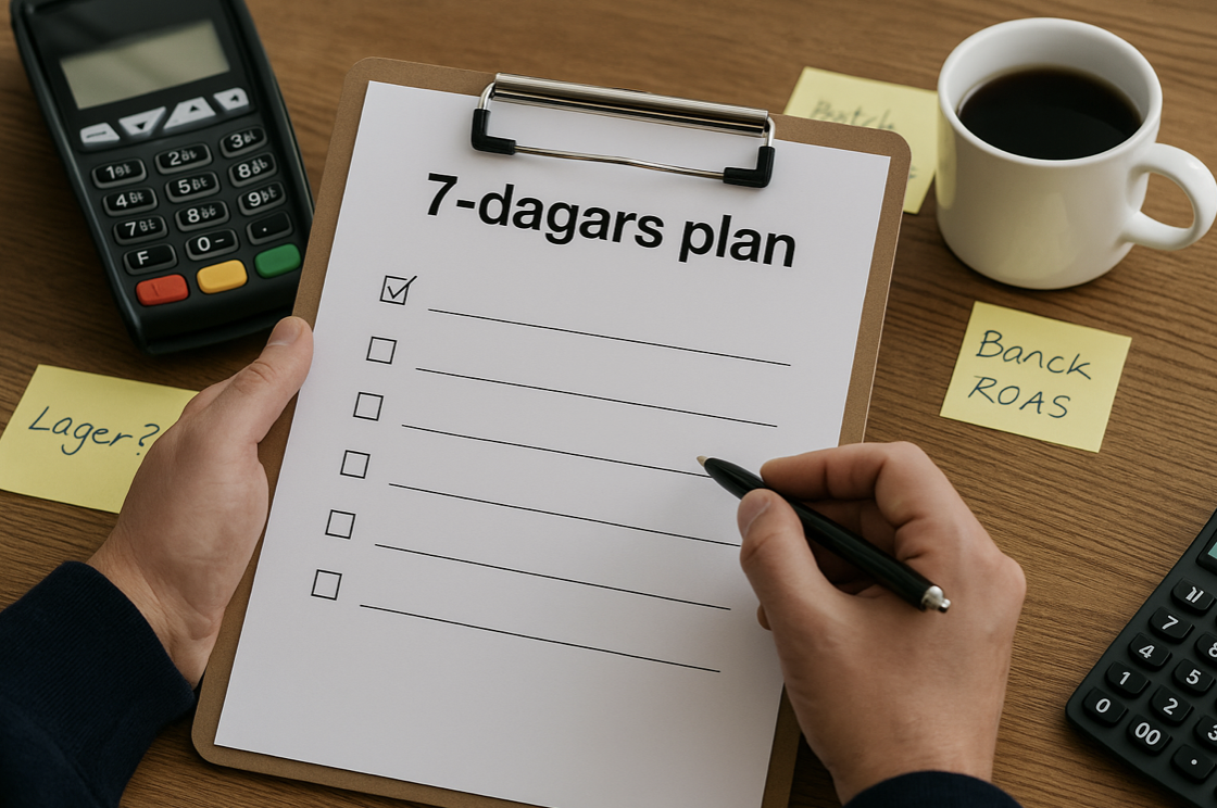Närbild av händer som fyller i en checklista med rubriken ”7-dagars plan” på ett skrivbord med kortterminal, miniräknare, post-it-lappar och kaffemugg.