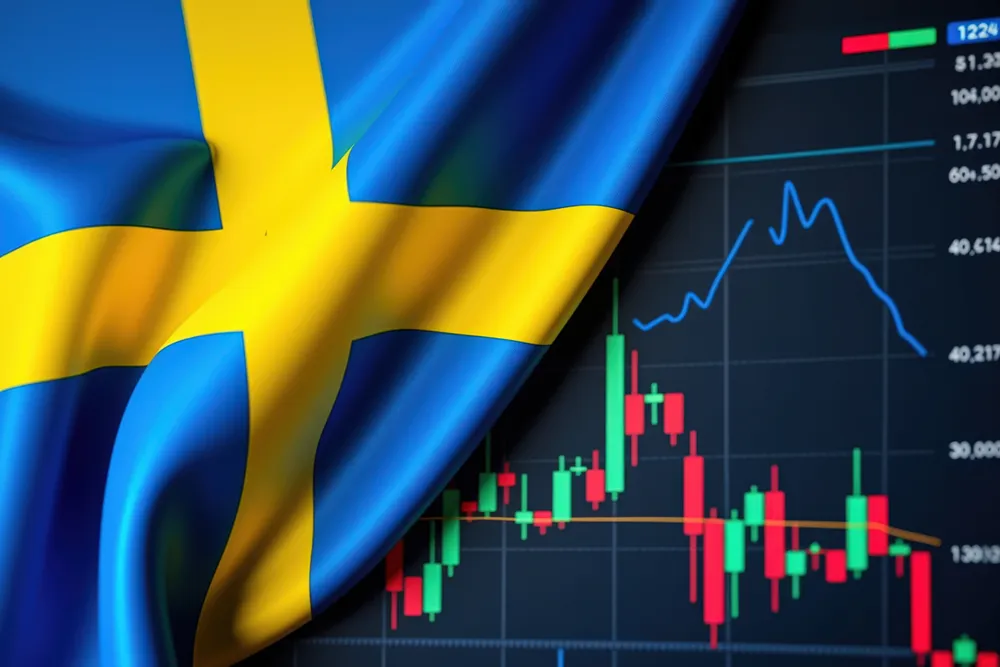 Sveriges flagga framför ekonomiska grafer som visar kronans utveckling och påverkan på småföretag.