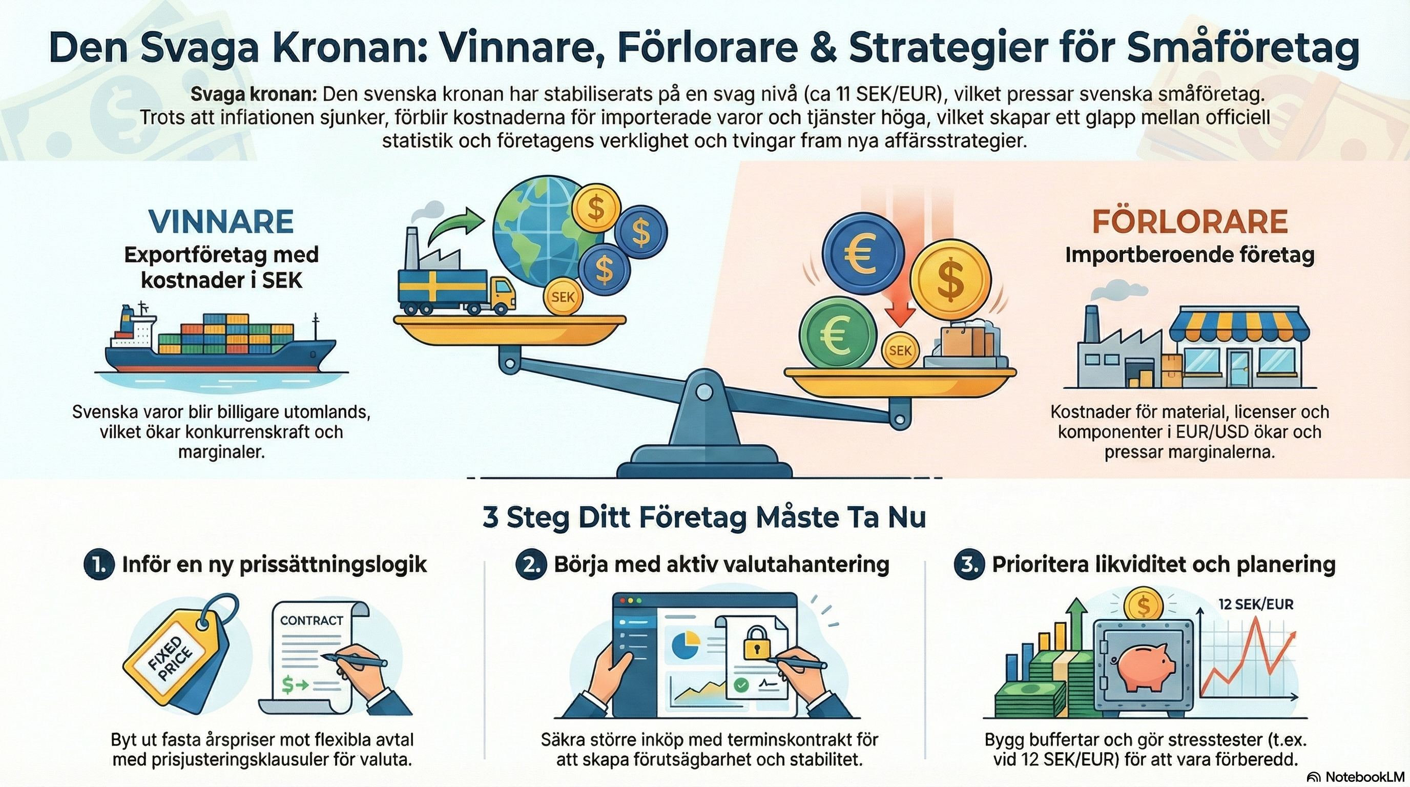 ”Infografik som visar hur den svaga svenska kronan påverkar småföretag, med vinnare, förlorare och tre strategiska åtgärder.