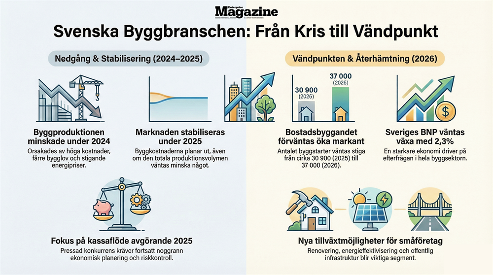 Infografik om den svenska byggbranschens kris 2024–2025 och förväntad återhämtning 2026 med fokus på småföretag, bostadsbyggande och BNP-tillväxt