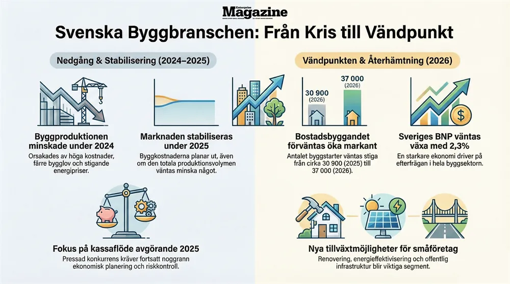 Infografik om den svenska byggbranschens kris 2024–2025 och förväntad återhämtning 2026 med fokus på småföretag, bostadsbyggande och BNP-tillväxt