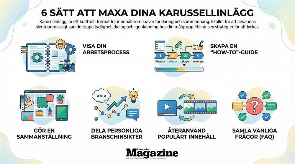 Infografik från Enterprise Magazine med sex sätt att använda karusellinlägg effektivt i sociala medier