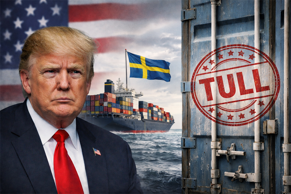 Illustration: Donald Trump, ett fraktfartyg med svensk flagg och en container märkt ”TULL”, som symboliserar handelspolitisk osäkerhet. Enterprise Magazine analyserar möjliga konsekvenser för svenska företag.
