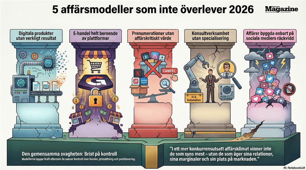 En illustration från Enterprise Magazine som visar fem krackelerande pelare som representerar affärsmodeller som spås inte överleva år 2026 på grund av brist på kontroll över kunder och marknadsposition.