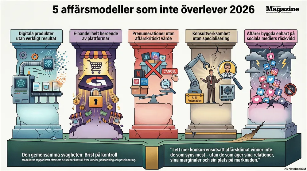 En illustration från Enterprise Magazine som visar fem krackelerande pelare som representerar affärsmodeller som spås inte överleva år 2026 på grund av brist på kontroll över kunder och marknadsposition.