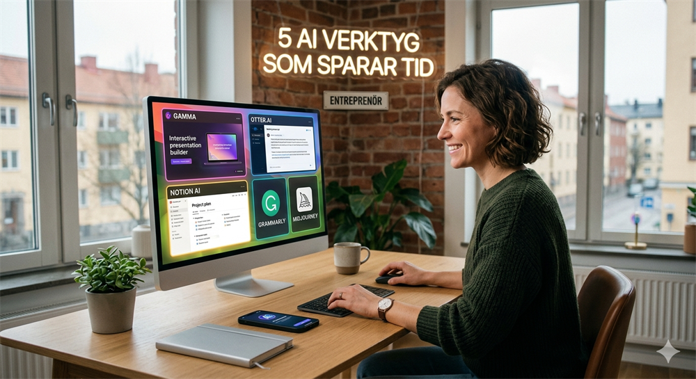En kvinna sitter vid ett skrivbord framför en stor datorskärm som visar logotyper och gränssnitt för AI-verktygen Gamma, Otter.ai, Notion AI, Grammarly och Midjourney. På väggen bakom henne hänger en lysande neonskylt med texten "5 AI VERKTYG SOM SPARAR TID".