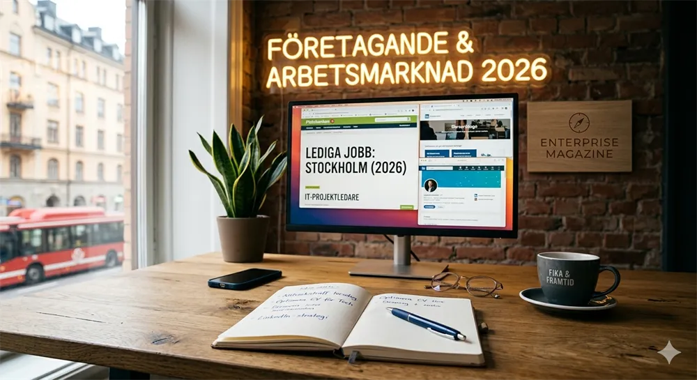 En modern arbetsplats i Stockholm med en datorskärm som visar sökresultat för lediga jobb 2026. På skrivbordet ligger ett anteckningsblock med jobbstrategier, ett par glasögon och en kaffekopp framför en tegelvägg med en lysande neonskylt.
