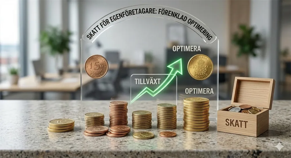 En realistisk bild på en trälåda märkt "SKATT" bredvid staplar av svenska kronor i en kontorsmiljö. Symboliserar skatteplanering för företagare.