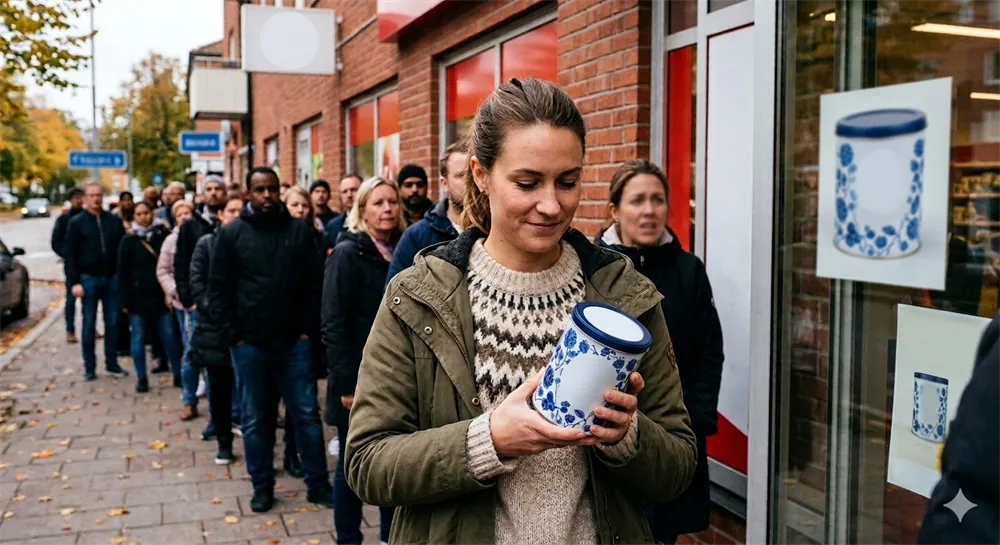Kunder köar utanför matbutik för att köpa Zoégas och Rörstrands limiterade Mon Amie-kaffeburk.