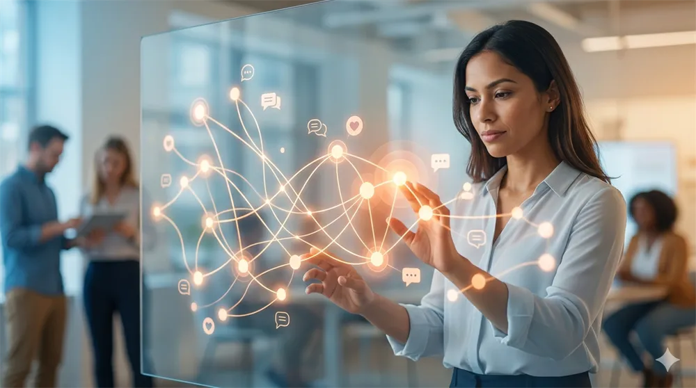 En kvinna interagerar med ett lysande, sammanlänkat digitalt nätverk av ikoner på en transparent skärm, vilket symboliserar aktivt community management och nätverksbyggande.