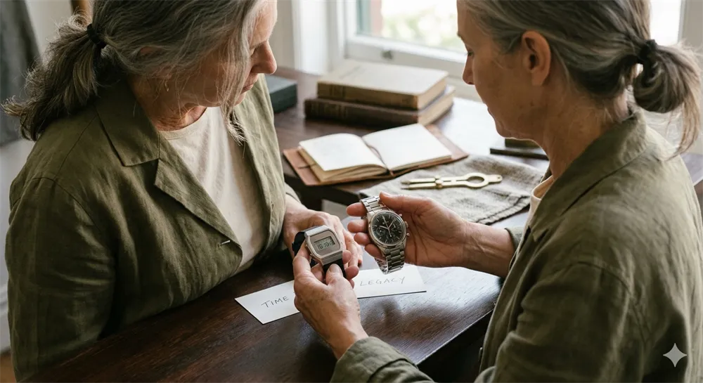 Storytelling som säljer: En visuell jämförelse mellan en enkel digitalklocka och en exklusiv mekanisk klocka för att illustrera upplevt värde.