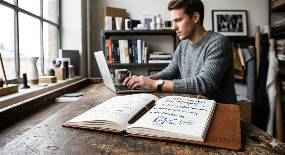 n entreprenör arbetar vid ett rustikt träbord med en laptop, bredvid en öppen anteckningsbok med rubriken ”När nätet tar över ditt varumärke” och skisser om viralitet för Enterprise Magazine.