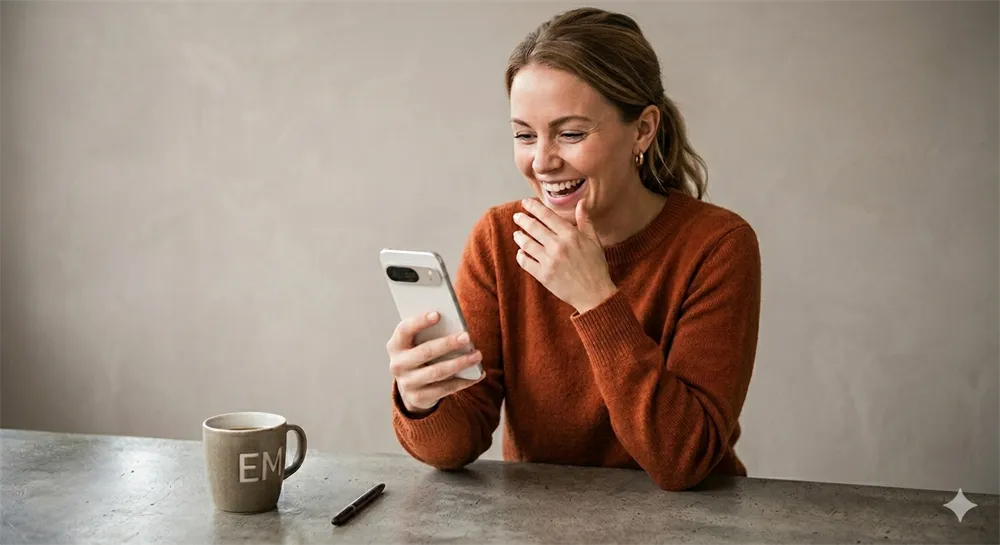 En entusiastisk kvinna på ett kontor som ler brett när hon ser en viral post på sin mobiltelefon, med en anteckningsbok och en kaffekopp märkt EM framför sig.