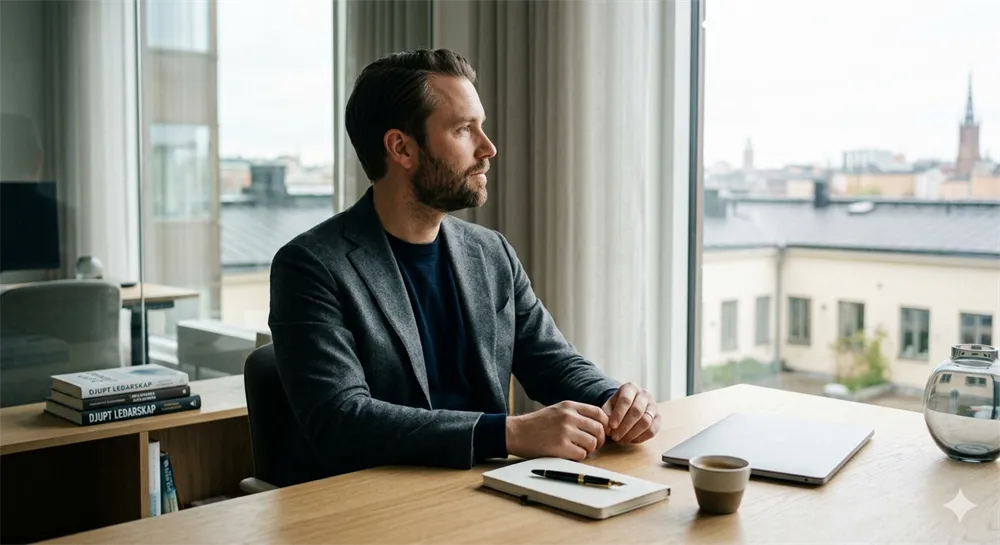 En manlig entreprenör sitter vid ett minimalistiskt träskrivbord i ett ljust kontor i Stockholm och blickar ut över staden. På skrivbordet ligger en anteckningsbok och en stängd laptop, och i bakgrunden syns böcker med titeln Djupt Ledarskap.