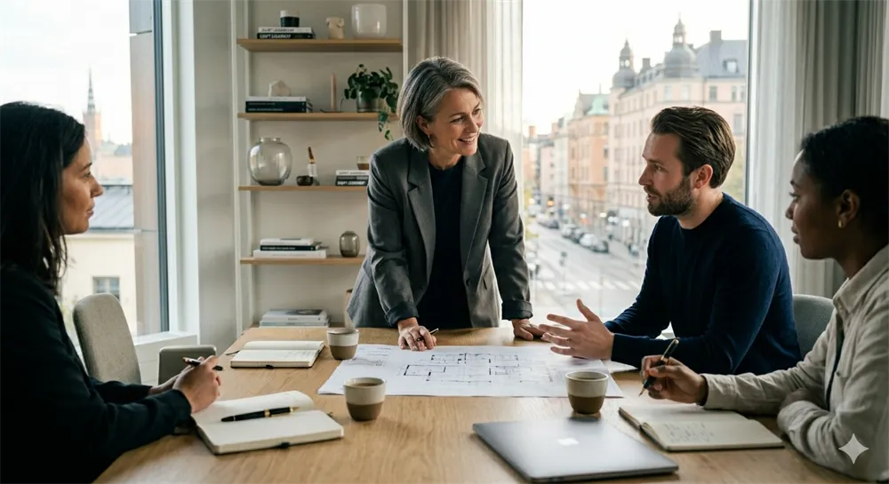 En kvinna med kort grått hår i en grafitgrå blazer, som framstår som en chef, står och lutar sig engagerat över ett träskrivbord i ett ljust kontor. Hon ler och lyssnar uppmärksamt på en medarbetare medan de tillsammans tittar på en ritning som ligger utbredd på bordet. Tre andra teammedlemmar sitter runt bordet, alla involverade i ett fokuserat och samarbetande samtal. Genom de stora fönstren syns Stockholms arkitektur i bakgrunden.