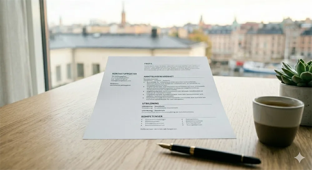 En stilren och minimalistisk svensk meritförteckning (CV) som ligger plant på ett ljust träskrivbord. Dokumentet har tydliga rubriker som Arbetslivserfarenhet och Utbildning i svart text på vitt papper. Bredvid dokumentet ligger en exklusiv reservoarpenna och två kaffekoppar, fotograferat rakt uppifrån (flatlay).