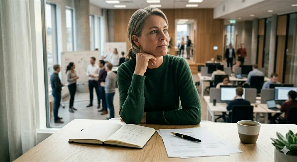 n kvinna i medelåldern med samlat hår och grön tröja sitter vid ett träbord i förgrunden och tittar tankfullt ut ur bild. På bordet framför henne ligger ett anteckningsblock, ett dokument och en penna. Bakgrunden visar ett öppet, modernt kontorslandskap med kollegor som samtalar och arbetar vid sina skrivbord i en ljus och professionell miljö.