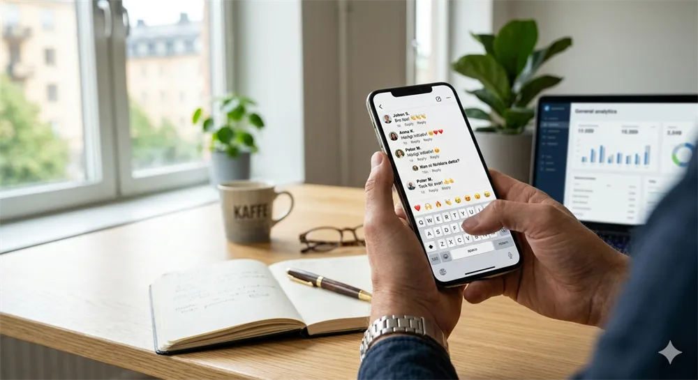 En företagare håller en smartphone och svarar på kommentarer i ett socialt medieflöde. På skrivbordet ligger en öppen anteckningsbok och i bakgrunden syns en dator med statistik samt en kaffekopp.