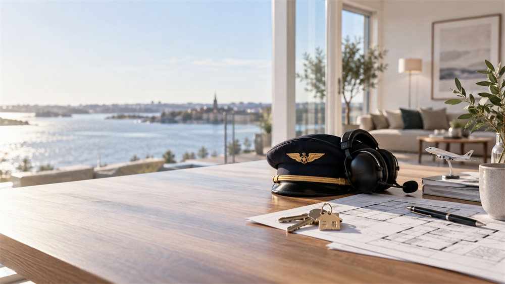 Pilotmössa, headset och husnycklar symboliserar ett karriärbyte från pilot till mäklare.