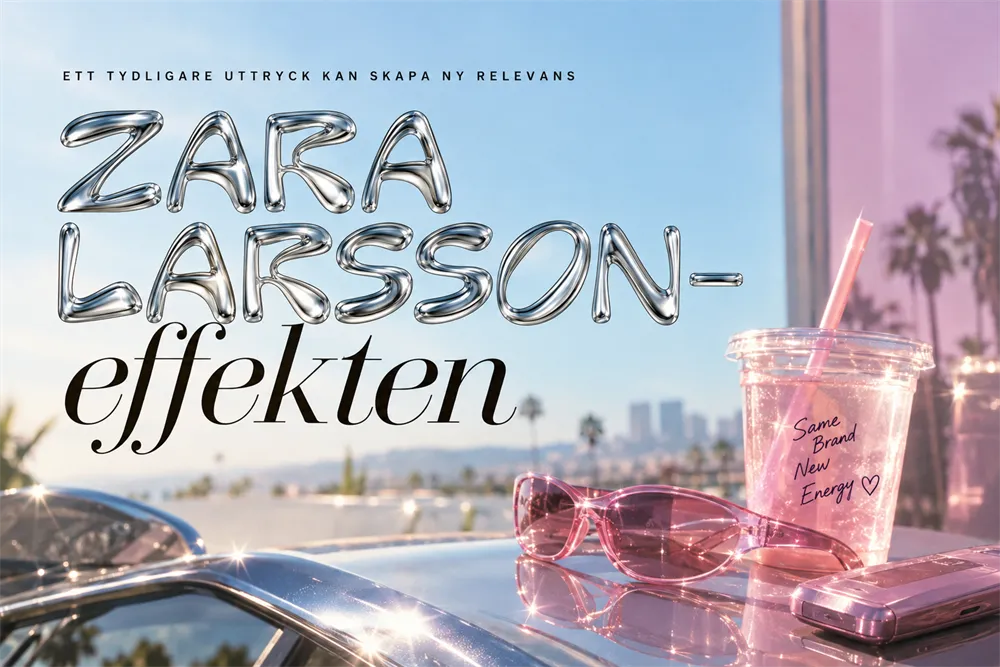Y2K-inspirerad illustration om imagebyte och varumärkesförnyelse i Zara Larsson-effekten.