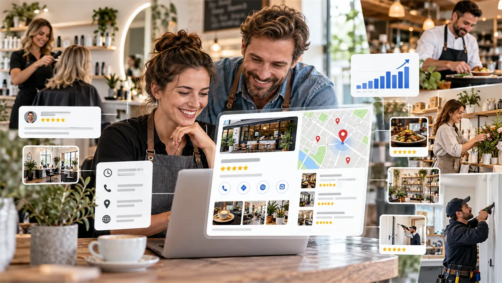 Småföretagare arbetar med Google Business Profile, lokala sökresultat, recensioner och synlighet på Google Maps.