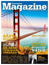 Den röda bron i San Francisco med höstfärgade träd i bakgrunden. I nedre delen av bilden står en kvinna med korsade armar i en svartvit bild. Det rör sig här om ett omslag till tidningen Enterprise Magazine.