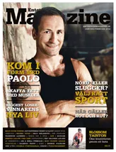 En muskulös man står framför en brun bakgrund med armarna i kors och ler in i kameran. Längst ner sitter en kvinna och knyter sina skor. Det här är omslaget till tidningen Enterprise Magazine.